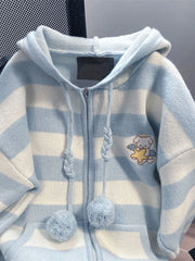 Lunivop Cartoon Striped Hooded Cardigan Women Loose Cute Long Sleeve Sweet Knitted Sweater Preppy Style Female Kawaii Vintage Tops
