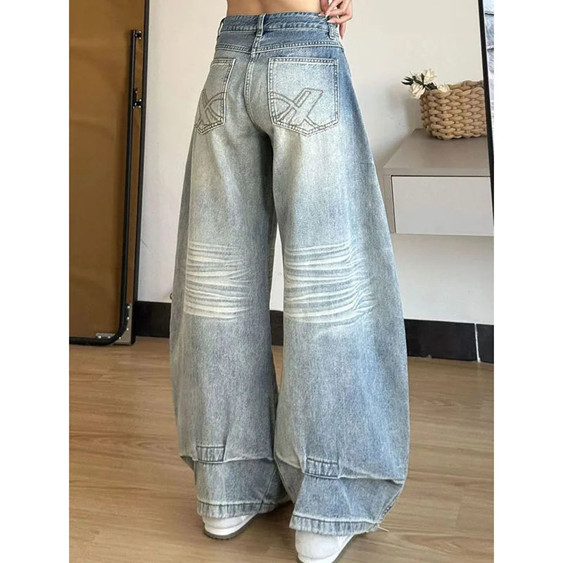 Lunivop  Spring Summer Wide Leg Jeans Female Vintage Loose High Waisted Washed Denim Pants Women Light Blue Individuality Trousers