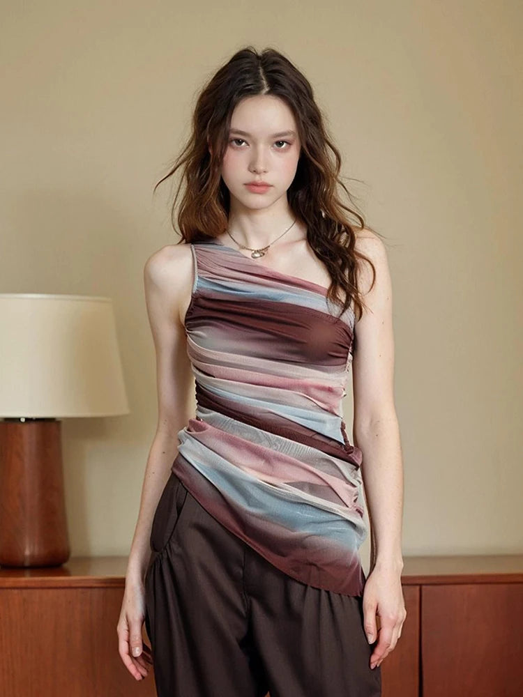 Lunivop Tie Dye Y2K Mesh Tanks Women Streetwear Retro Slim Sexy Off Shoulder Tanks Harajuku American Vintage Casual Irregular Tanks