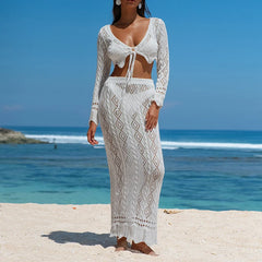 Lunivop  New Style Long Sleeve Top Texture Long Skirt Suit Knitted Hollow Out Beachwear Cover Up Women's Beach Holiday Sunscreen Smock