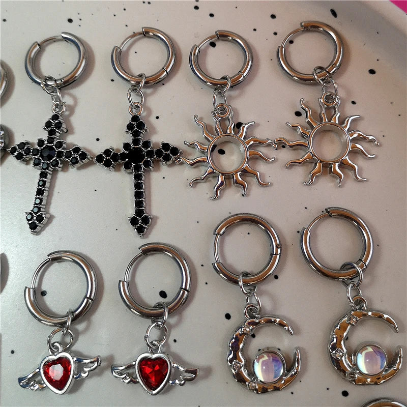 Lunivop Gothic Vintage Y2K Punk Moonlight Stone Bowknot Moon Heart Wings Cross Pendant Earrings Egirl Grunge EMO Scene 2000s Accessories