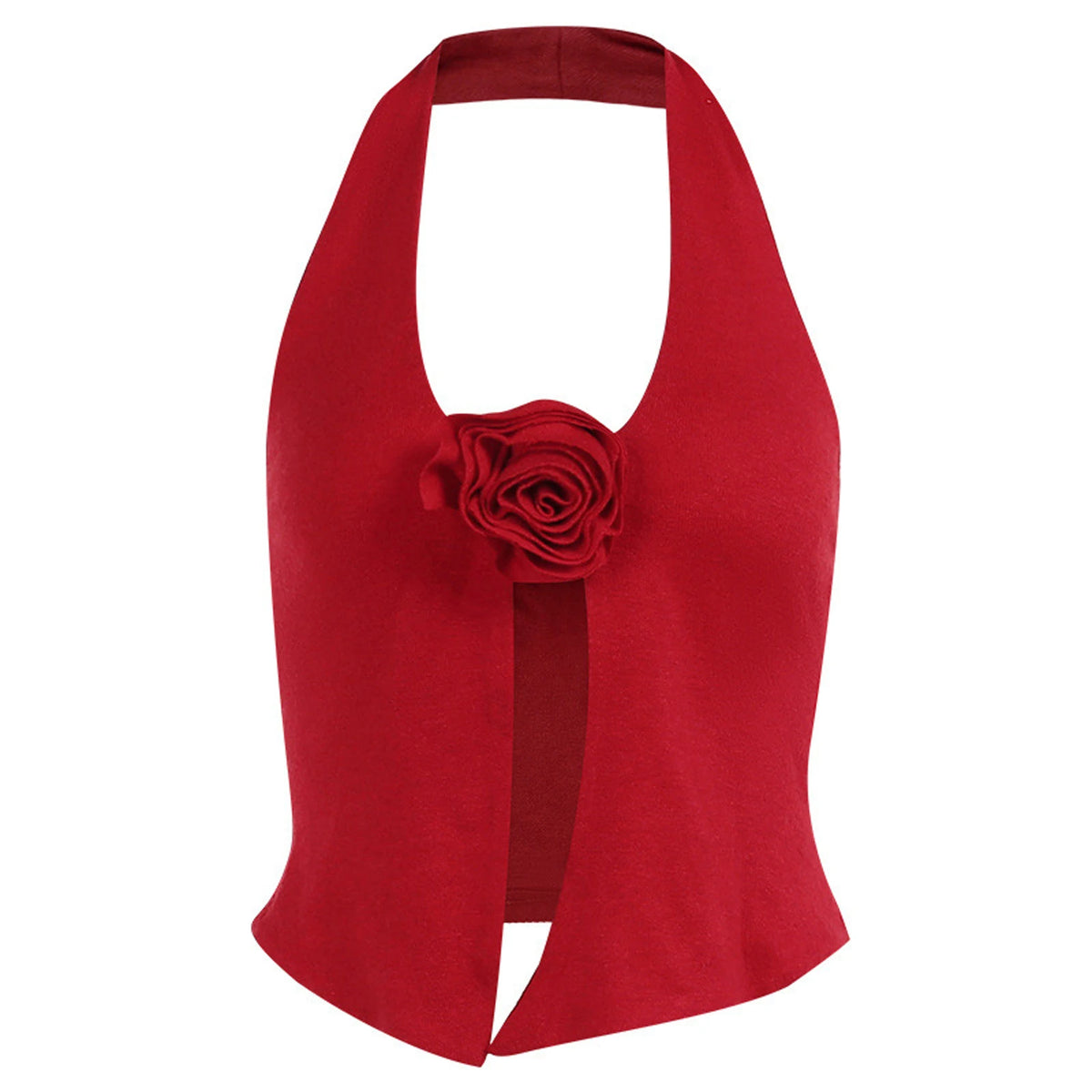 Lunivop  Sexy Red Halter Tank Top Vest for Women Knitted 3D Floral V neck Button Crop Top Y2K Slim Fitted Sleeveless Shirt Tee Streetwear