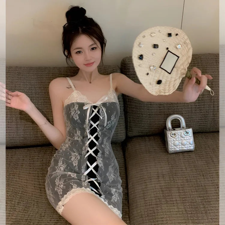 Lunivop  Elegant Sweet Lace Patchwork Camisole Dresses 2025 Summer New Bodycon Vest Dress for Women Sexy Slim Waist Vestidos De Mujer