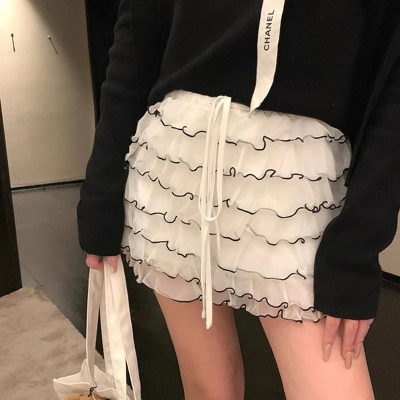 Lunivop Sweet Fairycore Cake Skirts Women Kawaii Korean Style Ruffle Mini Skirt Elegant Casual High Waist Mesh Layered Skirt