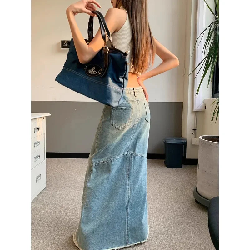 Lunivop Streetwear Loose Casual Blue Denim A-line Skirt Women Summer New Korean High Waist Washed Distressed Mid-length Skirt