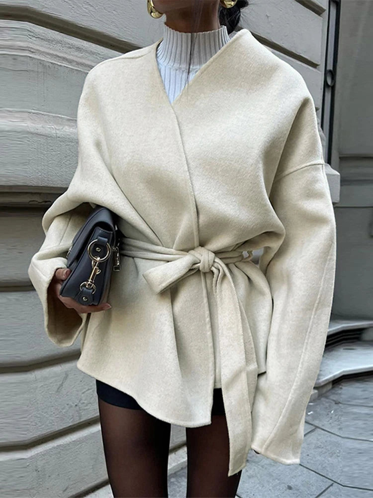 Lunivop Elegant Belt No Collar Apricot Coats Women Chic Loose Long Sleeved Short Jackets Lady Autumn Winter High Street Outwear Tops