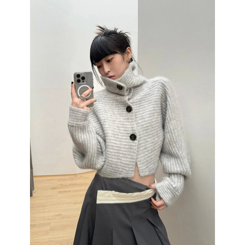 Lunivop Gray Turtleneck Knitted Cardigan Harajuku Korean Style Cropped Sweaters Gyaru Y2k Vintage Striped Loose Knitwears Basic