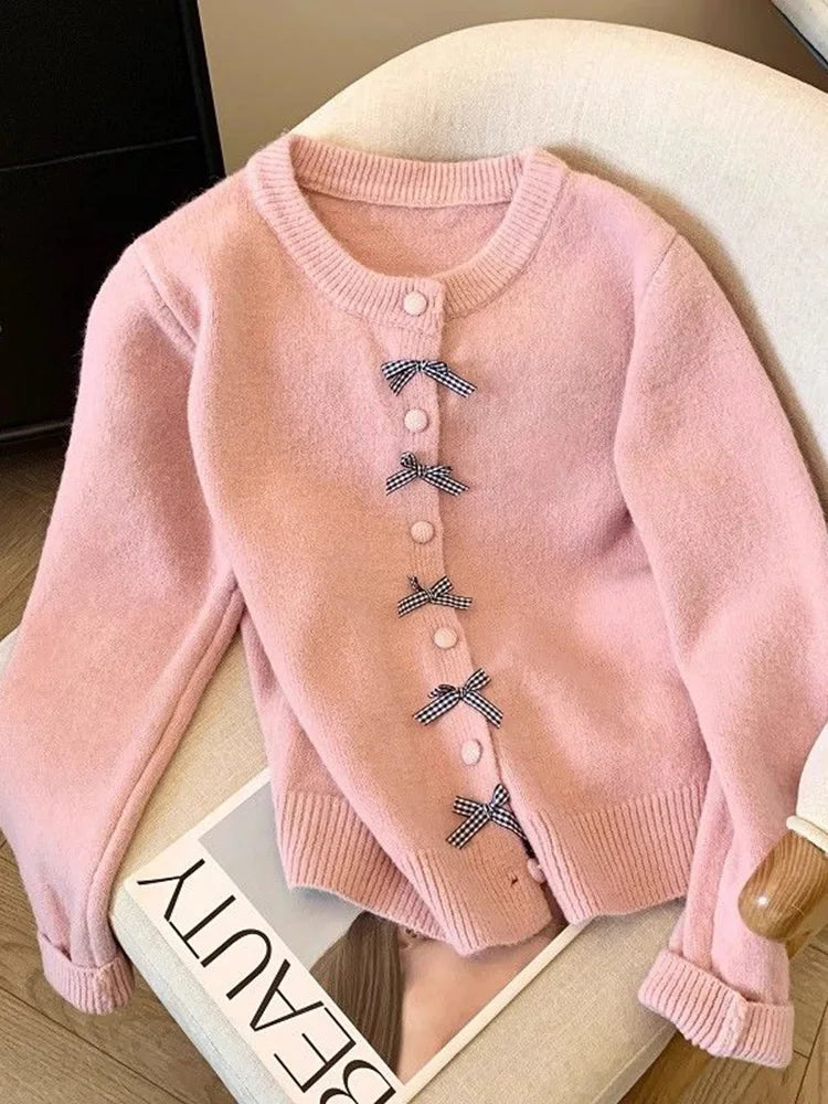 Lunivop Cute Bow Women Cardigan Long Sleeve Lazy Wind Sweet Knitted Sweater Casual Loose Preppy Style Vintage Lady O Neck Fall Tops