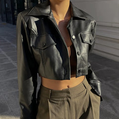 Lunivop   Autumn Faux Leather Short Jacket Y2K Turn-down Collar Fashion Botton Decoration PU Coat 2024 Grunge Street Casual Coats