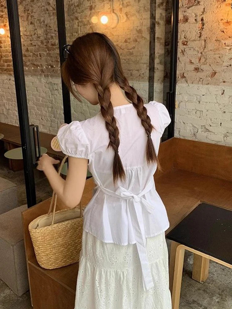 Lunivop  Summer Puffy Sleeve Shirt Women Sweet Cute Slim White Blouse Korean Preppy Style Casual Fashion Lace Up Design Kawaii Tops