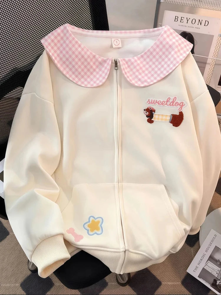 Lunivop Cartoon Sweet Kawaii Hoodies Women Loose Cute Peter Pan Collar Sweatshirts Fall Preppy Style Long Sleeve New Embroidery Top