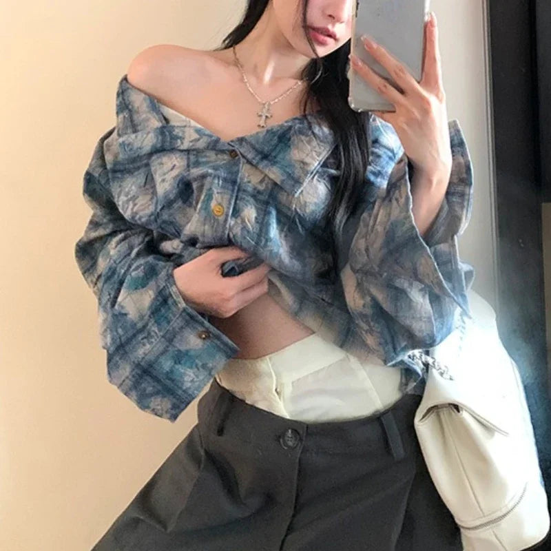 Lunivop Streetwear Contrast Color Plaid Casual Long-sleeved Shirt Women Autumn New American Off-shoulder Single-breasted Loose Tops