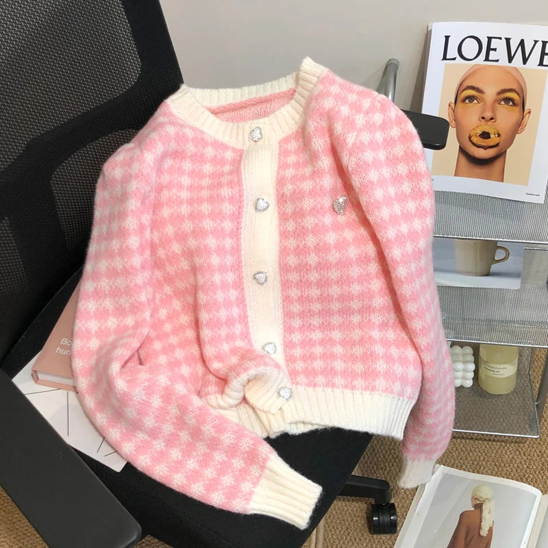Lunivop Cute Heart Button Knit Cardigan for Women Heart-shape Embroidered Button-up Crop Sweater Jacket Teen-girl Kawaii Y2K Outfit