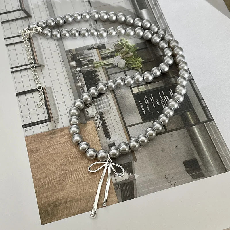 Lunivop Goth Harajuku Cute Y2K Aesthetic Bowknot Pendant Grey Pearl Beaded Rope Chain Necklace for Girl Choker Cool 90s EMO Accessories