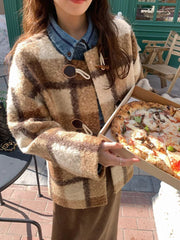 Lunivop Vintage Faux Woolen Plaid Coat Women Fall Winter Long Sleeve Sweet Jacket Retro Preppy Style Korean Elegant O Neck New Tops