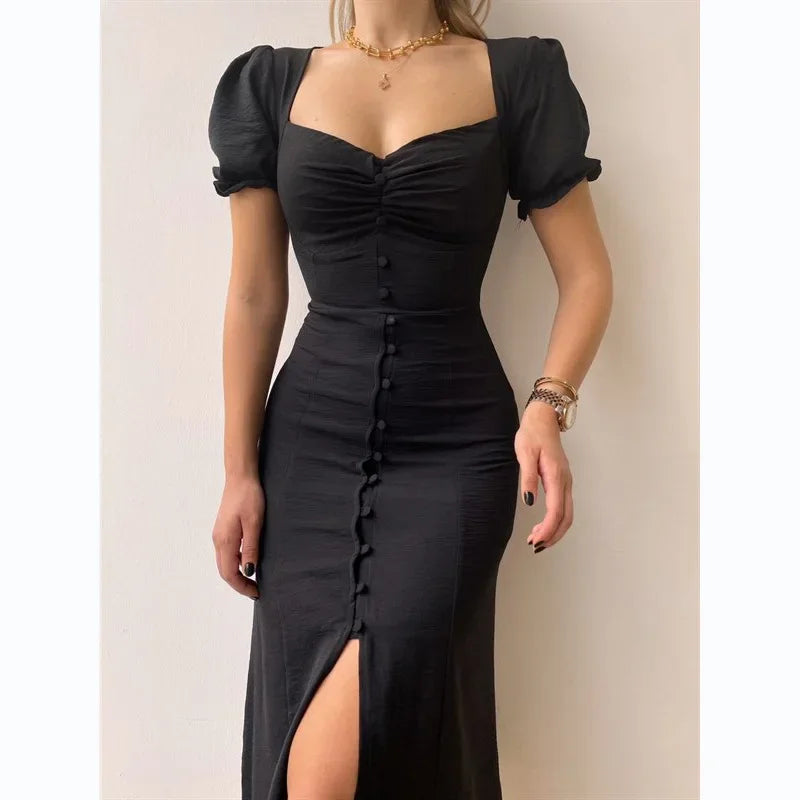 Lunivop  Elegant Dresses Women Summer Sexy Dress New V-Neck Single Breasted Short Puff Sleeves Solid High Waist Hem Split Midi Dress