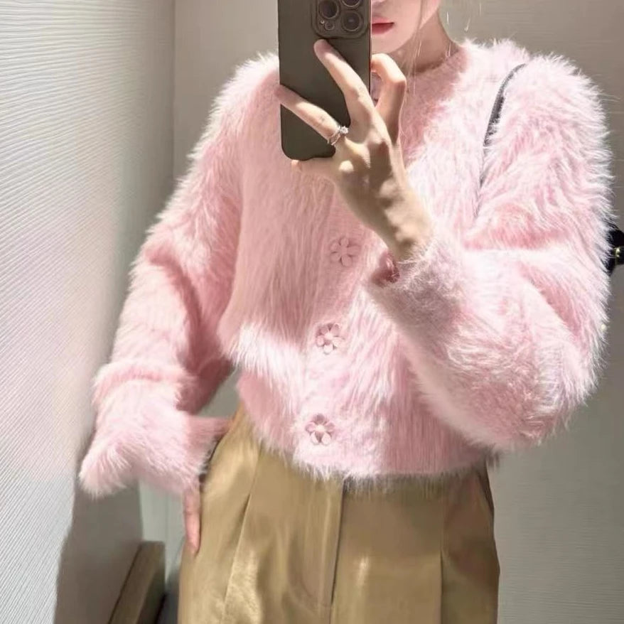 Lunivop Flower Button Fuzzy Knit Sweater Cardigan Warm Fluffy Button-up Crop Sweater Jacket Knitwear Teen-girl Fall Winter Cute Outfit