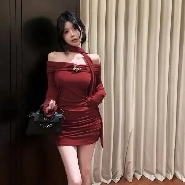 Lunivop  Y2k Sexy Off Shoulder Halter Dresses Spring Summer New Long Sleeve Vestidos De Mujer Slim Waist Bodycon Dress for Women
