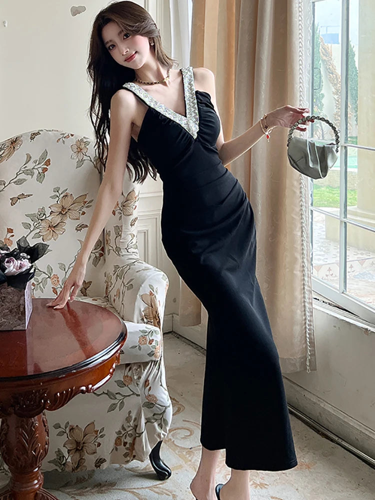 Lunivop  Women Korean Vintage Hepburn Luxury Mermaid Dress Summer Black Patchwork White Diamonds Sling Dress 2025 Elegant Bodycon Dresses