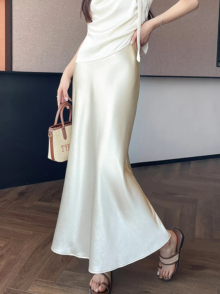 Lunivop  Chic Satin Elegant Long Skirt Women Casual Fashion High Waist Sweet Trumpet Skirts Slim Summer Female Korean Long Skirts