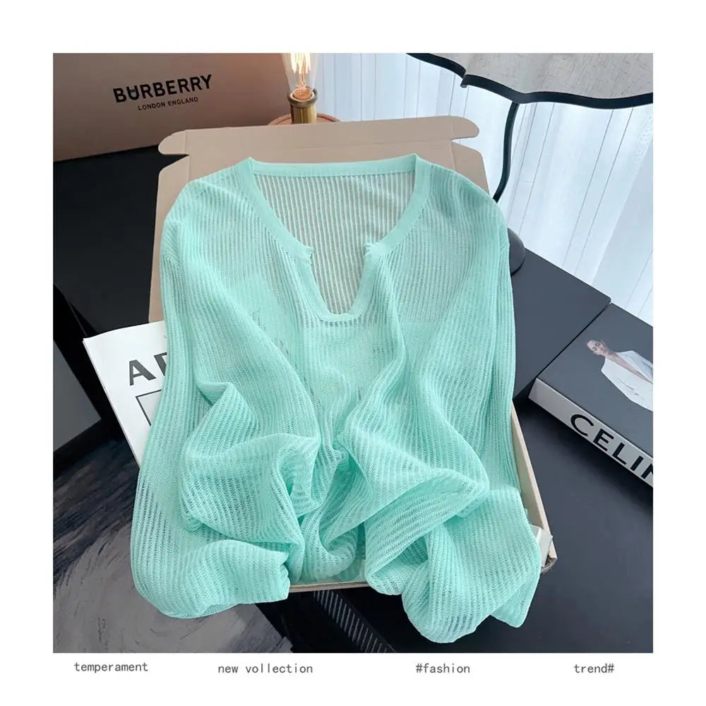 Lunivop Long Sleeve Mesh Top Pullovers Women Lightweight Sweater Sheer Knit Blouse Teen-girl Beach Cover-up Breezy Summer Casual Outfit