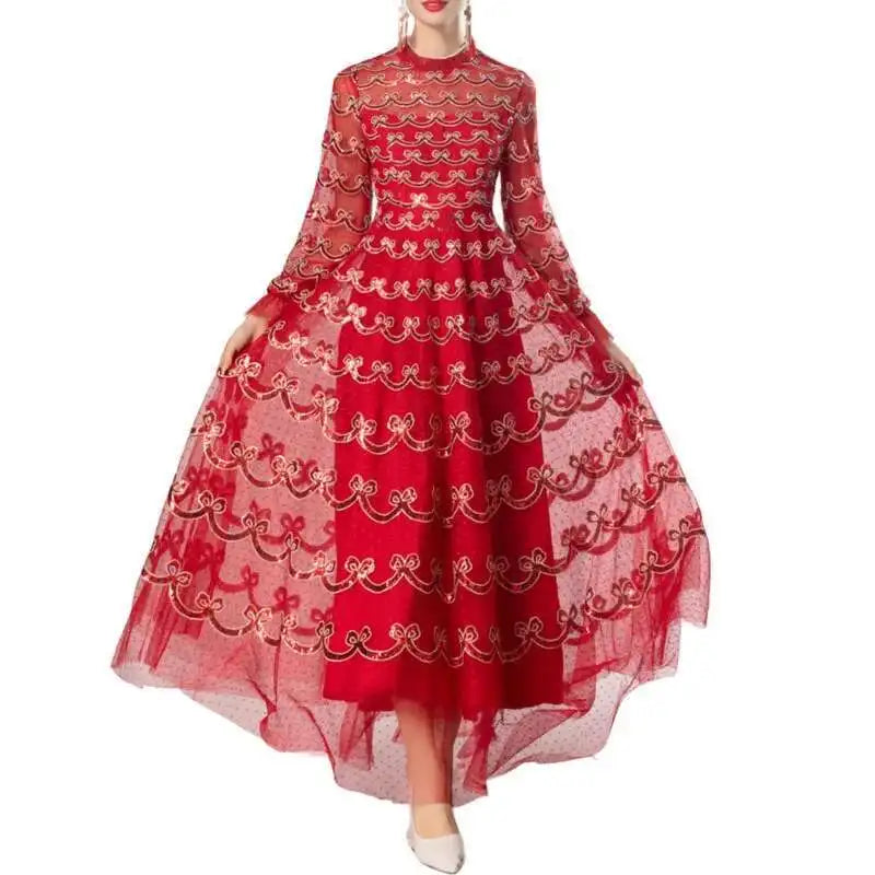 Lunivop Fashion Women's Elegant Dresses Sequins Embroidery Long Sleeve Princess Mesh Dress 2025 Spring New Female Clothing