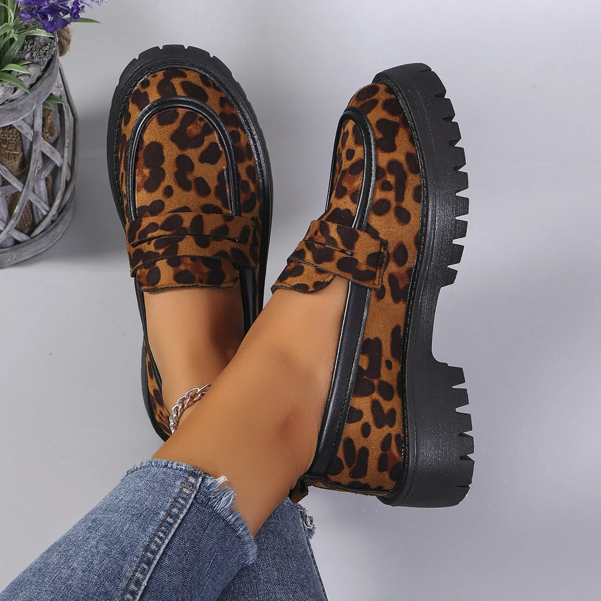 Lunivop Women's Fashion Leopard Patchwork Slip-on Loafers Chunky Heel Platform Flats New Moccasins Casual Shoes Plus Size Zapatos