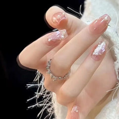 Lunivop  10pcs Handmade Girls Glued Press on Nails Pink Self-adhesive False Nails with Glue Medium Long Square Winter Stick-on Nails