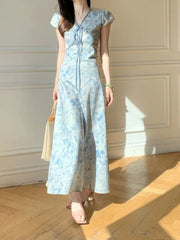 Lunivop  Sweet Blue Print Long Dress Women Slim Vintage V Neck Elegant Dress Casual French Retro Lace Up Female Soft Vestidos New