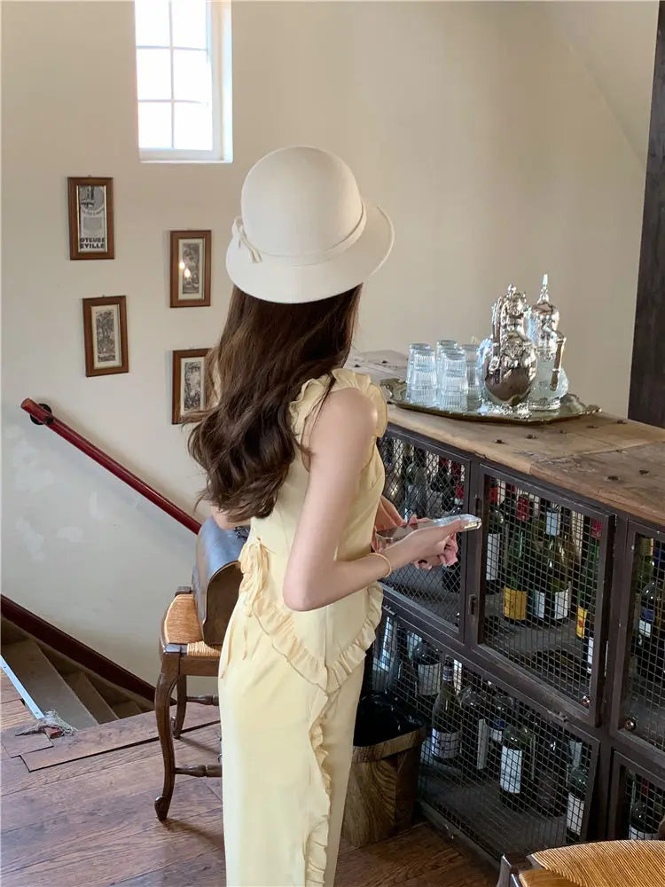 Lunivop  Elegant Dresses Women Sleeveless Ruffles Patchwork Split Bandage Summer Fashion Sweet Female Dress Holiday Casual