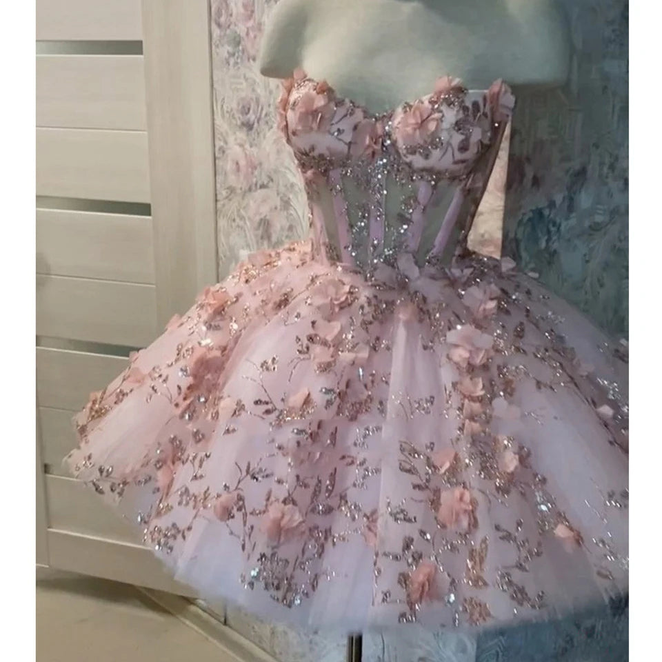 Lunivop  Princess Sweetheart Quinceanera Dresses Pink Birthday Party Gown Pageant Tulle Crystal beading Appliques Prom Dress