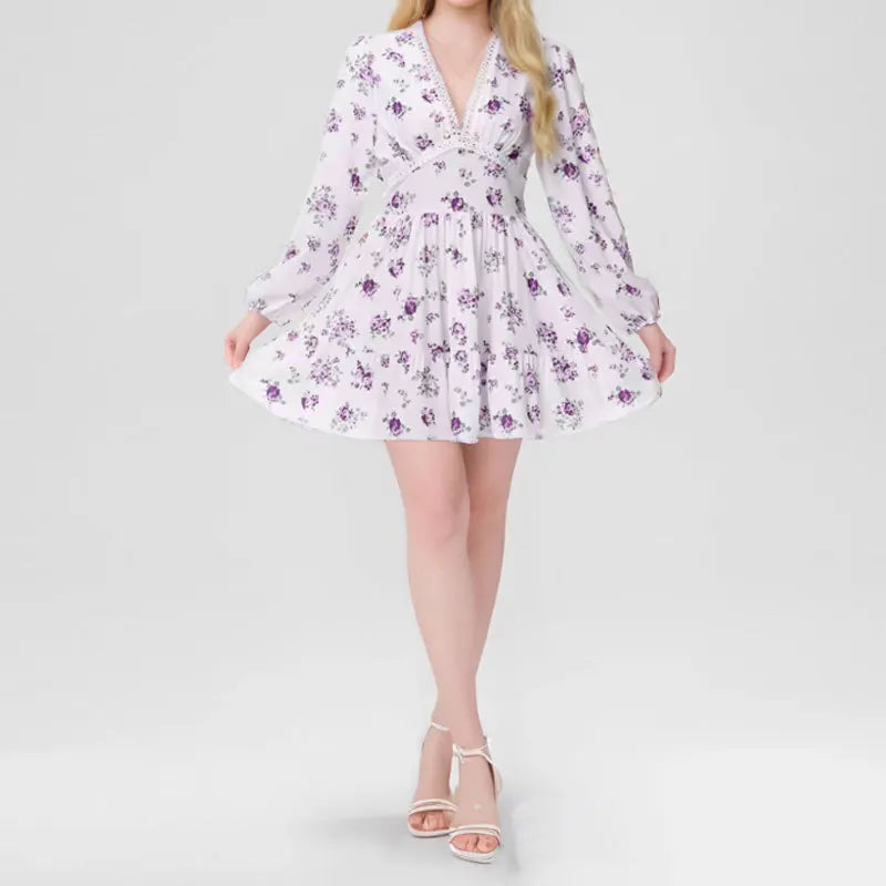 Lunivop  Women Floral Print Mini Dress High Waist A-Line Summer Autumn Long Sleeve V Neck Dresses Vintage Beach Vacation Casual Vestidos