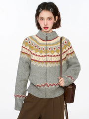 Lunivop Vintage Harajuku Print Cardigan Sweaters Women Soft Streetwear Long Sleeve Knitted Jacket Retro American Casual Zipper Gray Tops