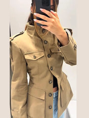 Lunivop  Strap Flap Pocketed Stand Collar Jacket Tailored Fit Buttoned Autumn Edgy Chic Women Outerwear Fashion Elegant Lady Coat