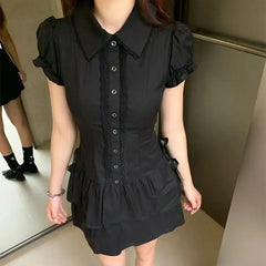 Lunivop  Y2k Vintage Black Lace Shirt Dress for Women Slim Waist All-match Dresses Summer New Short Sleeve Vestidos De Mujer