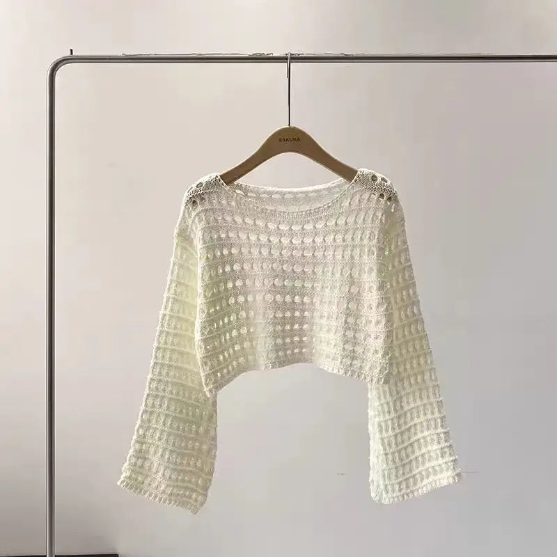 Lunivop Long Sleeve Crochet Knit Top Summer Beach Bikini Cover Up Crop Pullover Wool Knitwear Blouse Women Vacation Boho Outfit