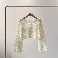 Lunivop Long Sleeve Crochet Knit Top Summer Beach Bikini Cover Up Crop Pullover Wool Knitwear Blouse Women Vacation Boho Outfit