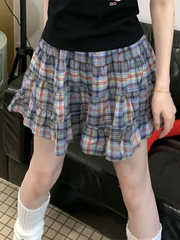Lunivop Vintage Plaid Skirts Women Japan High Waist Ruffles Mini Skirt Casual Preppy Style Loose Female Retro Harajuku A Line Skirt