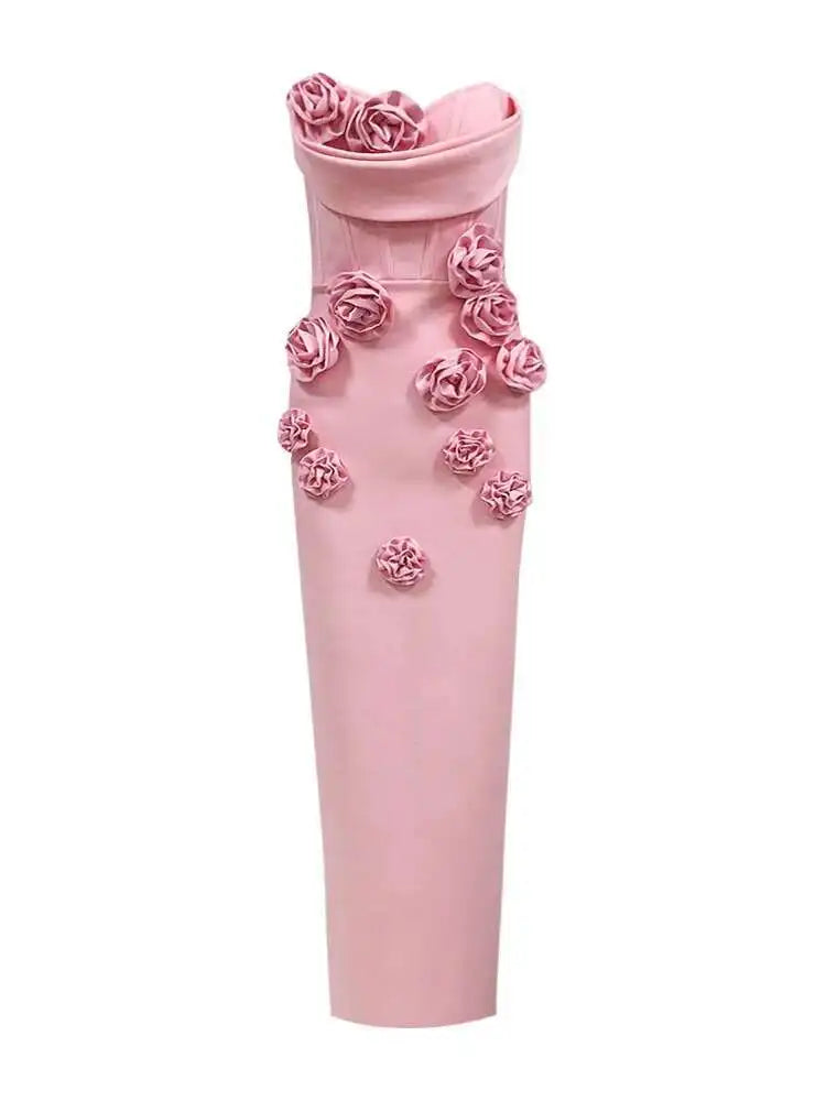Lunivop Solid 3D Flowers Spliced Design Dresses Women's Strapless Sleeveless High Waist Slim Elegant Dress Autumn 2025 New