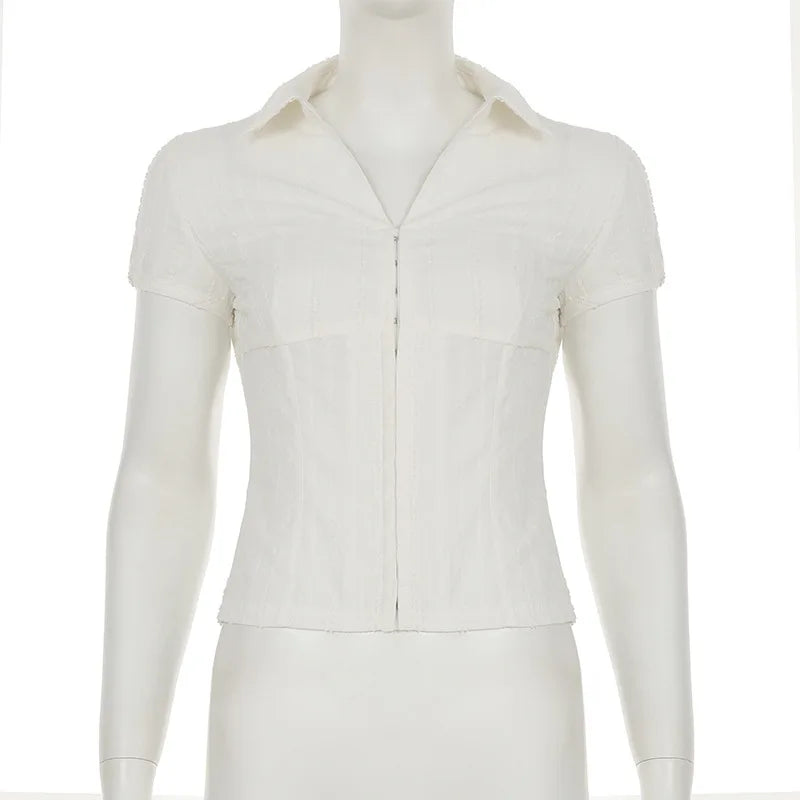 Lunivop Women Zipper Shirts Elegant Fashion Summer Turn Down Collar Short Sleeve Solid Casual Crop Tops y2k White Slim Blouse