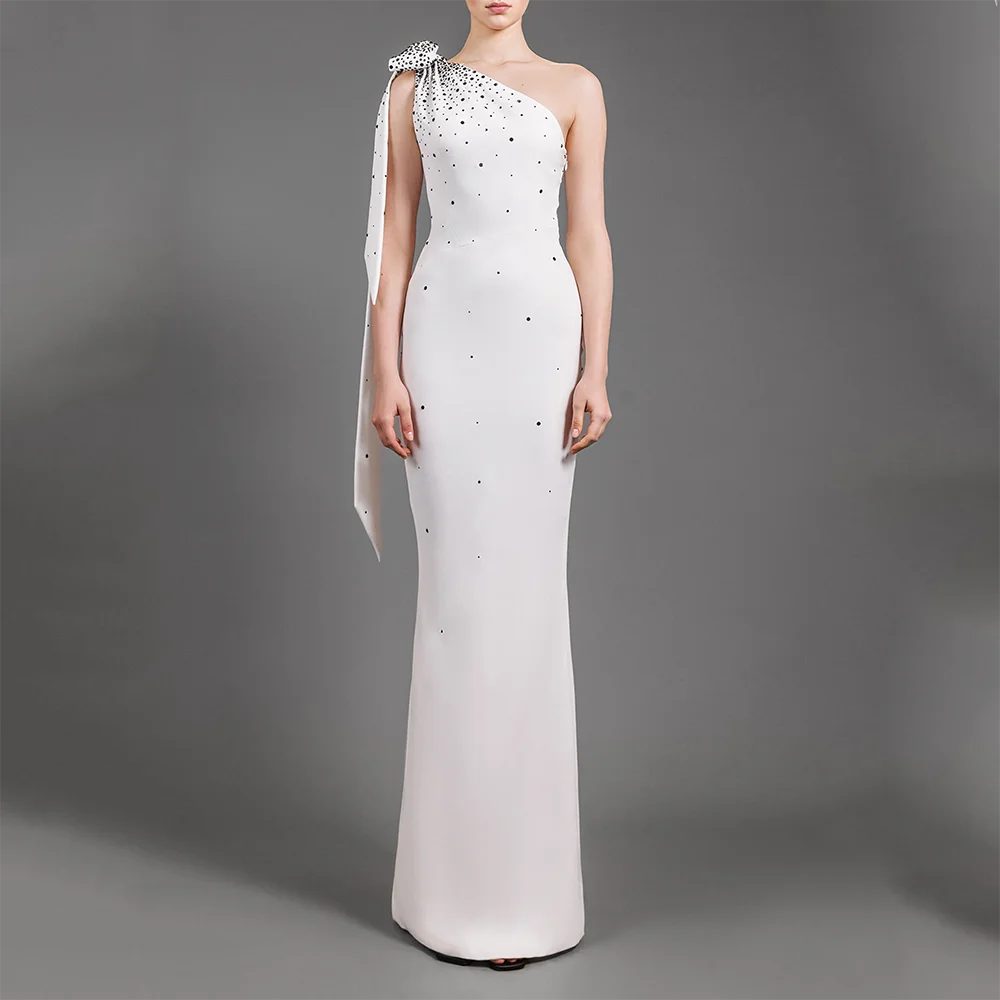 Lunivop  Fashion One Shoulder Evening Dress with Black Polka Dot Decosation Straight Prom Gowns Elegant Dinner Party Dress