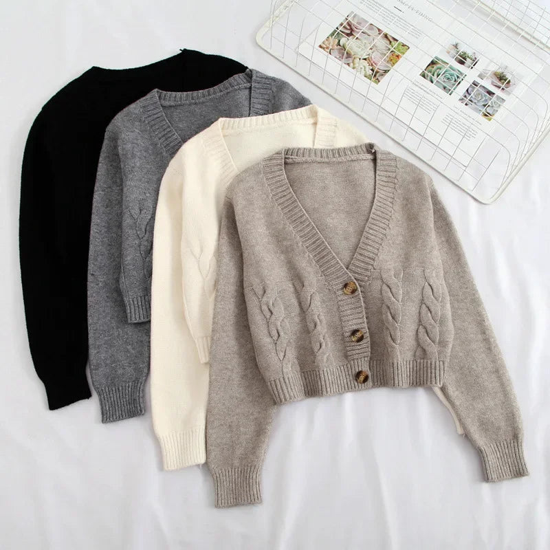 Lunivop Cable Knit Crop Sweater Cardigan Women V-neck Button Front Knitted Cardigan Jacket Fall Winter 2025 Casual Outfit