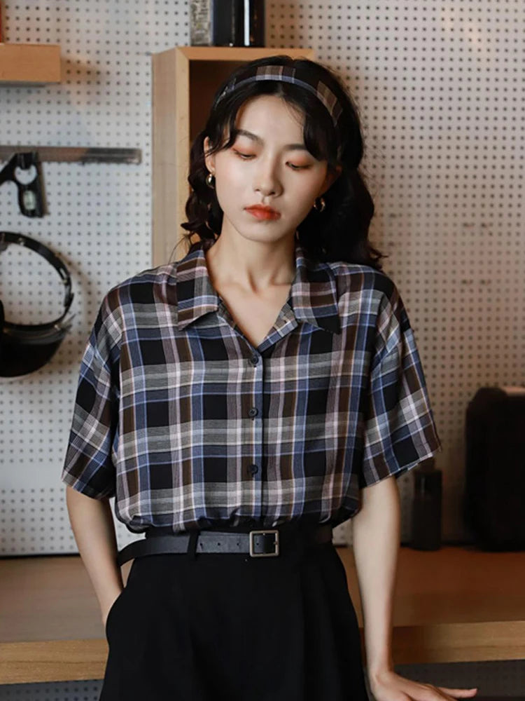 Lunivop  Loose Retro Plaid Shirt Women Short Sleeve Casual Vintage Blouse Summer All Match Japan Preppy Style Single Breasted Tops