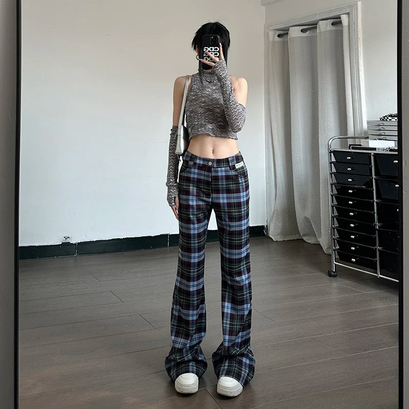 Lunivop Plaid Printed Slim Fashion Flare Pants High Waist Vacation Casual Streetwear Daily Basic Leggings Clohtes For Women