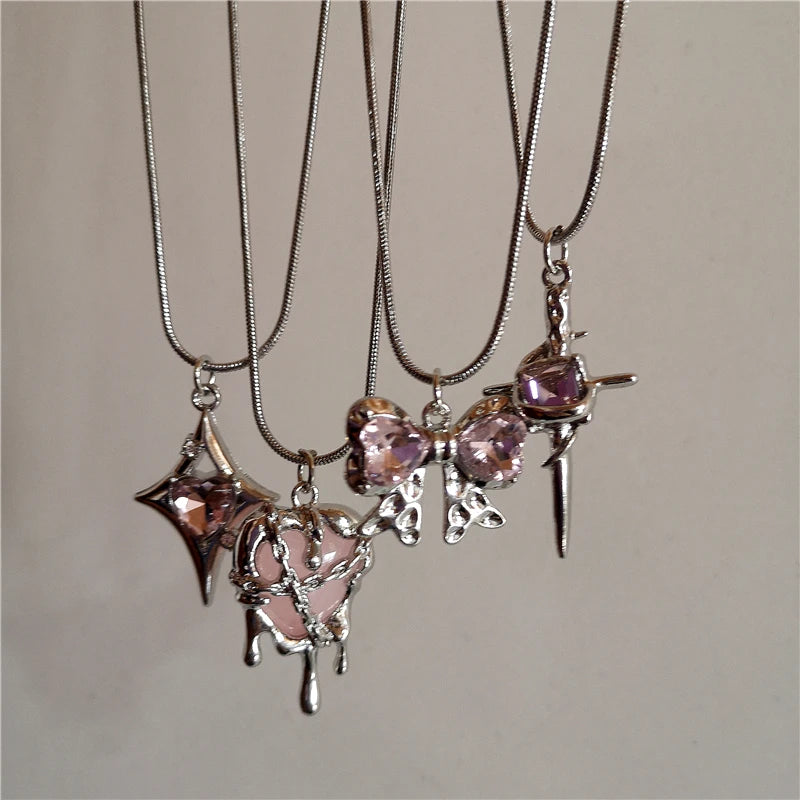 Lunivop Kpop Charms Pink Heart Cross Pendant Stainless Steel Snake Chain Necklace Women Y2k Aesthetic Vintage Rave Jewelry Accessories