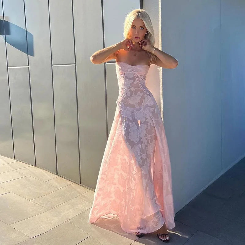 Lunivop  Sexy Backless Square Neck Print Maxi Dress Women Fashion Sleeveless High Waist Sling Dresses Summer Elegant Street Partywear