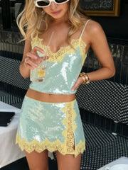 Lunivop  Sexy Sequined Patchwork Women's Vest Skirts Suit Sleeveless Slip Top Split Skirt Summer 2 Pieces Set Women Vacation New