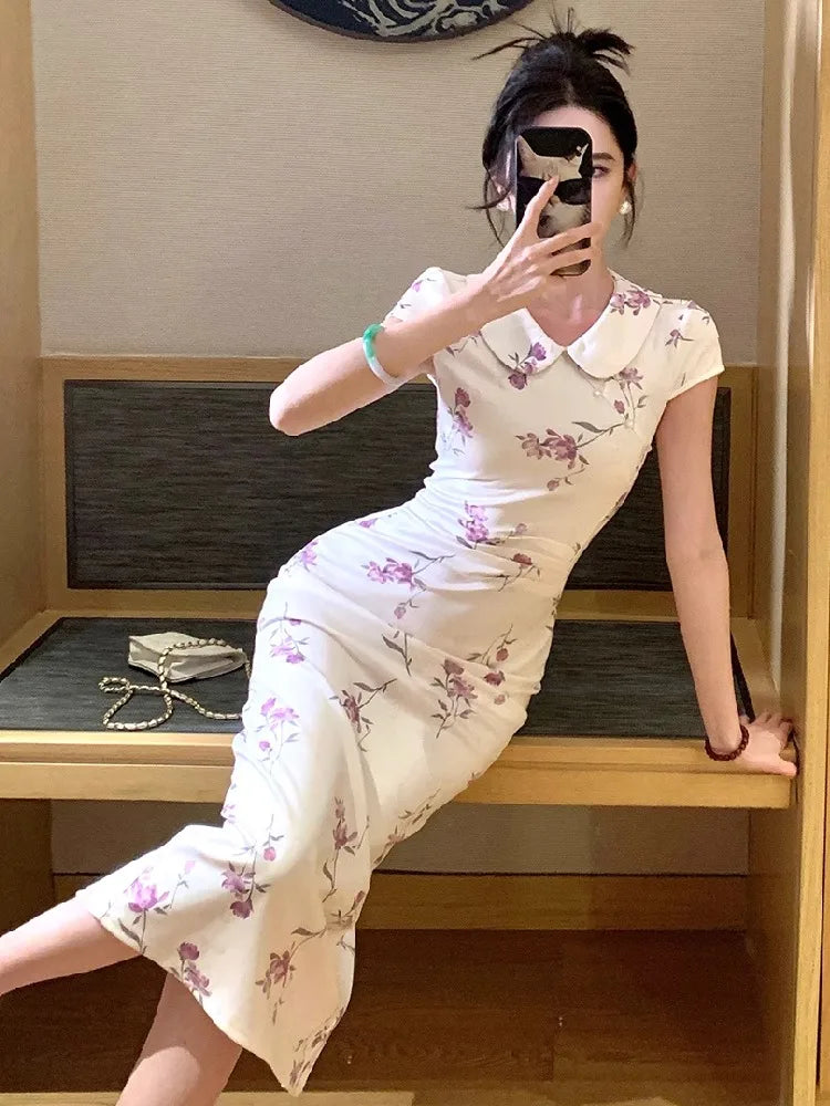 Lunivop  Woman Dress Sexy Peter Pan Collar Floral Printed Slim Vintage Elegant Summer Fashion Temperament Party Dresses Female
