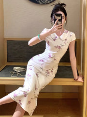 Lunivop  Woman Dress Sexy Peter Pan Collar Floral Printed Slim Vintage Elegant Summer Fashion Temperament Party Dresses Female