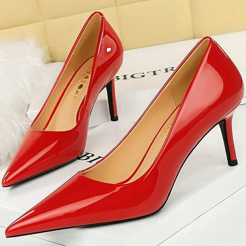 Lunivop  Fashion Women Simplicity Glossy Patent Leather 7cm Thin High Heels Pumps Shallow Pointed Toe Lady Shoes Red Nude Green